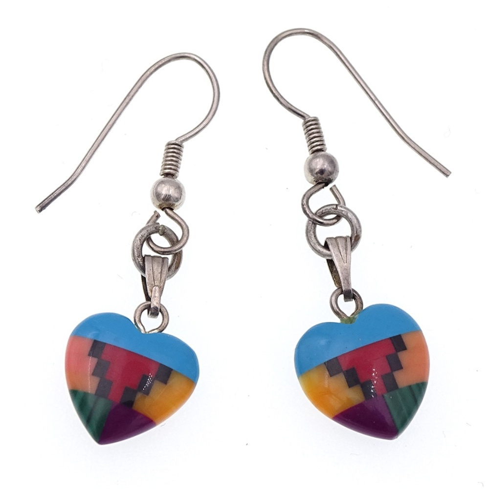 VINTAGE SOUTHWEST HEART INLAID GEMSTONE EARRINGS